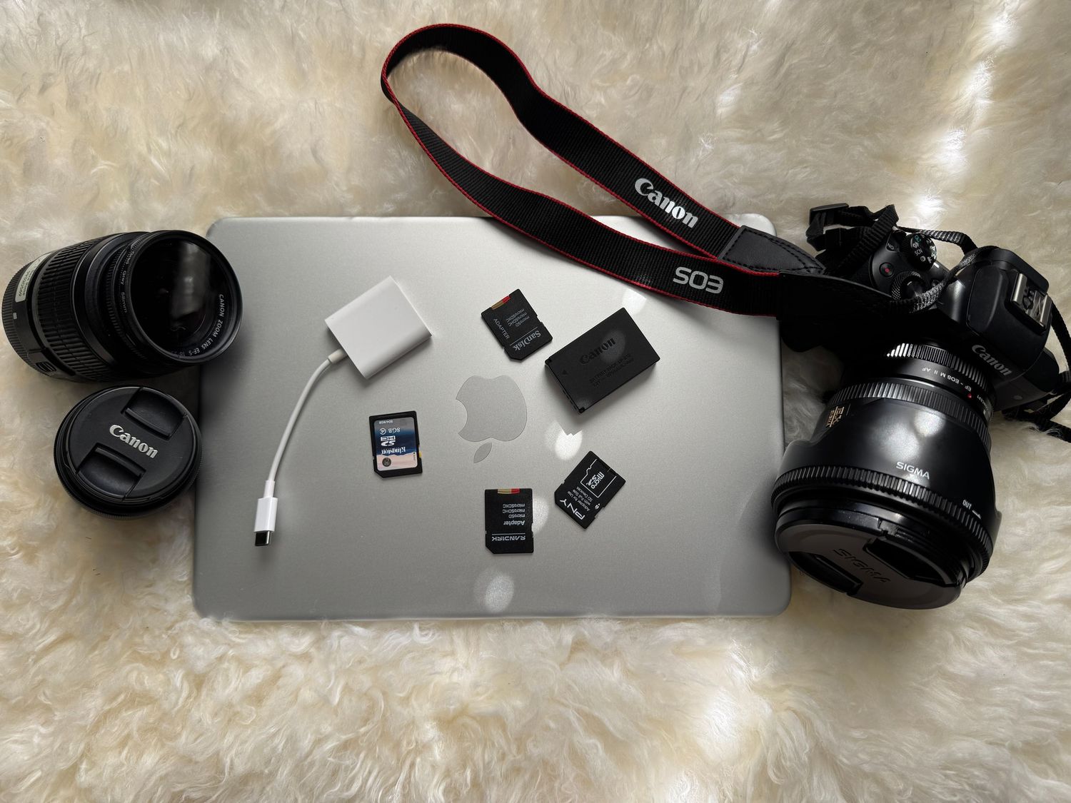 Canon kamerautstyr med objektiver, minnekort og MacBook fotografert på hvitt underlag.