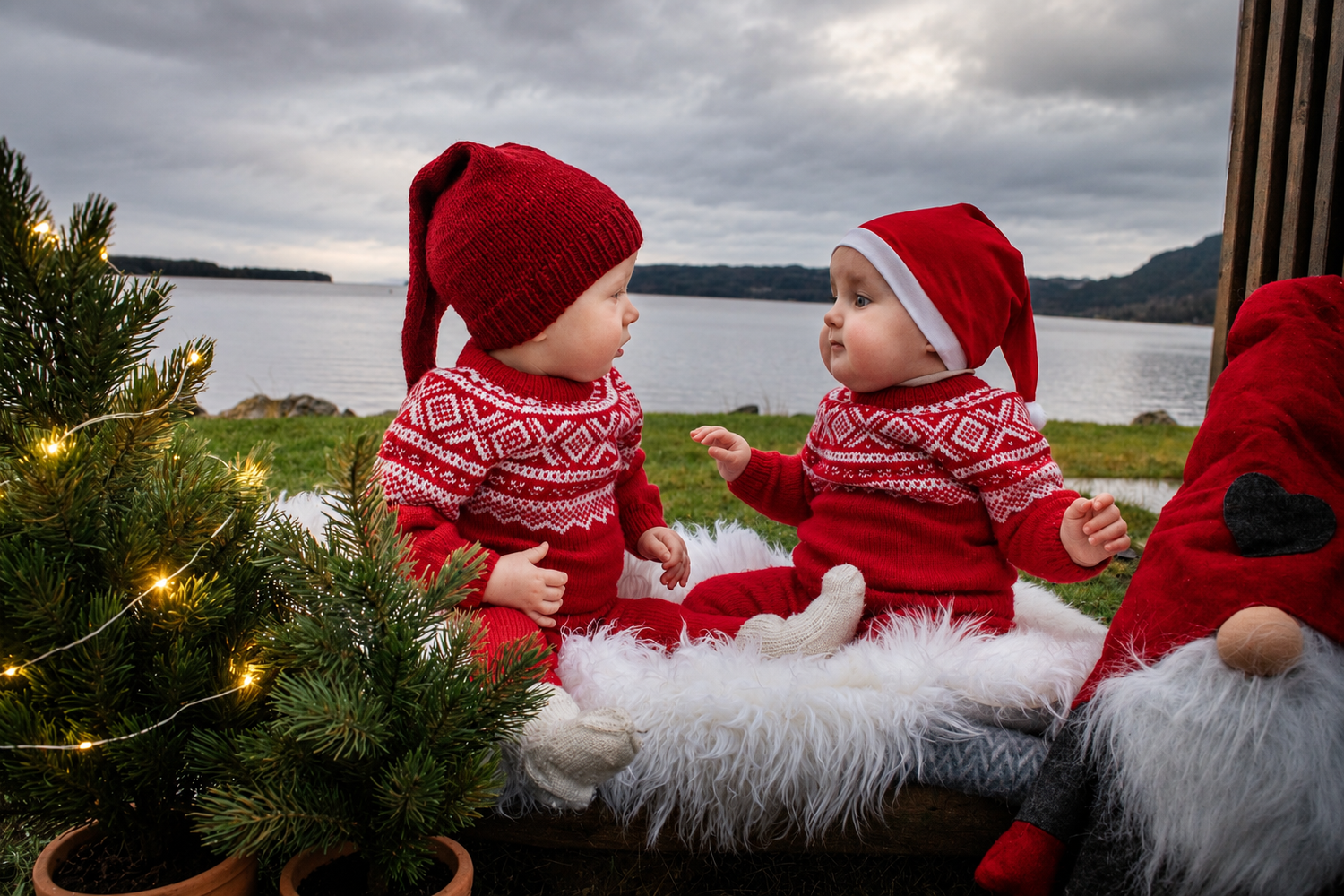 To babyer i matchende røde strikkegensere og nisseluer sittende sammen ved et lite juletre.