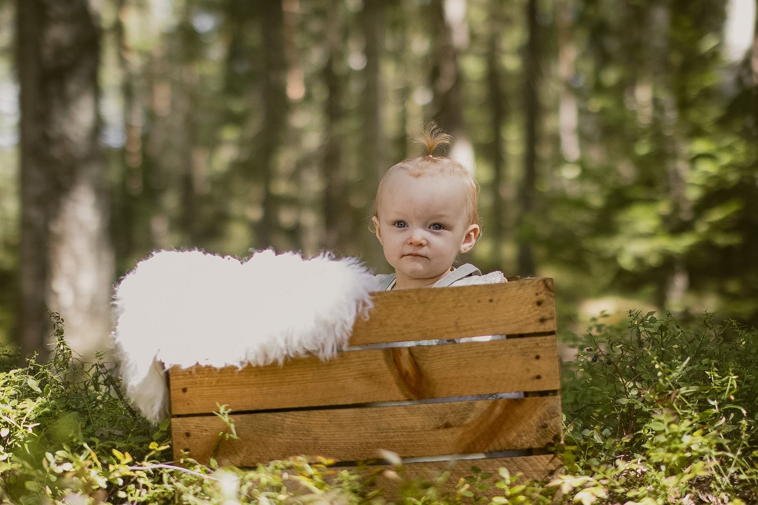 Baby sittende i en trekasse med hvitt teppe utendørs i grønn skog.
