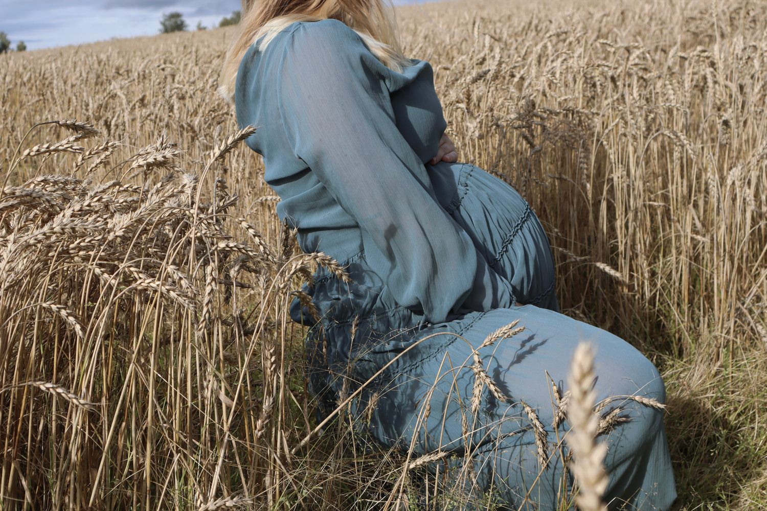 Gravid kvinne i petrolfarget kjole fotografert blant høye strå i en gyllen kornåker.