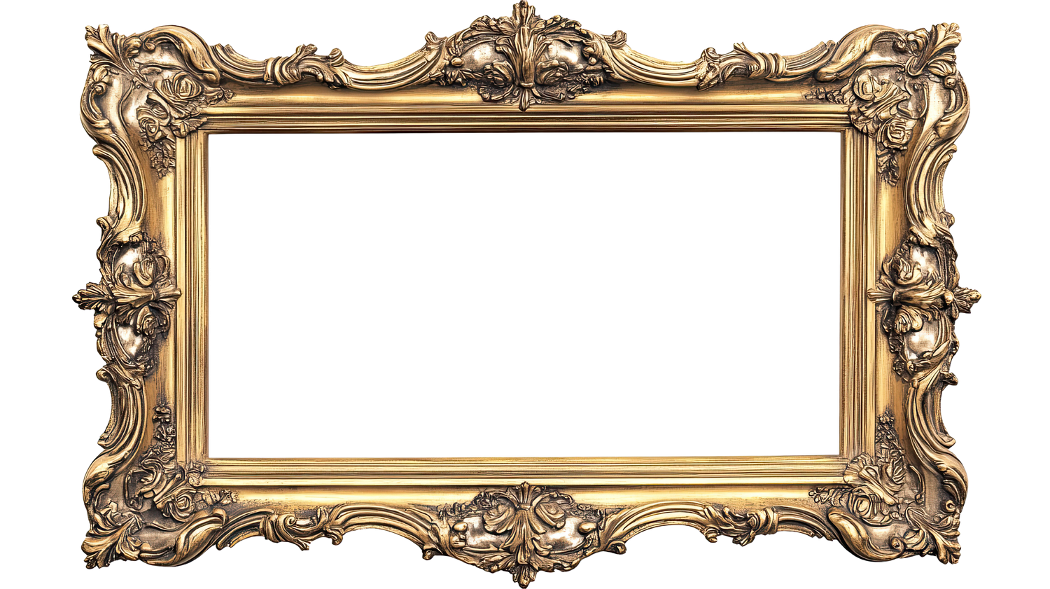 Vintage gold ornate picture frames arranged in horizontal line.