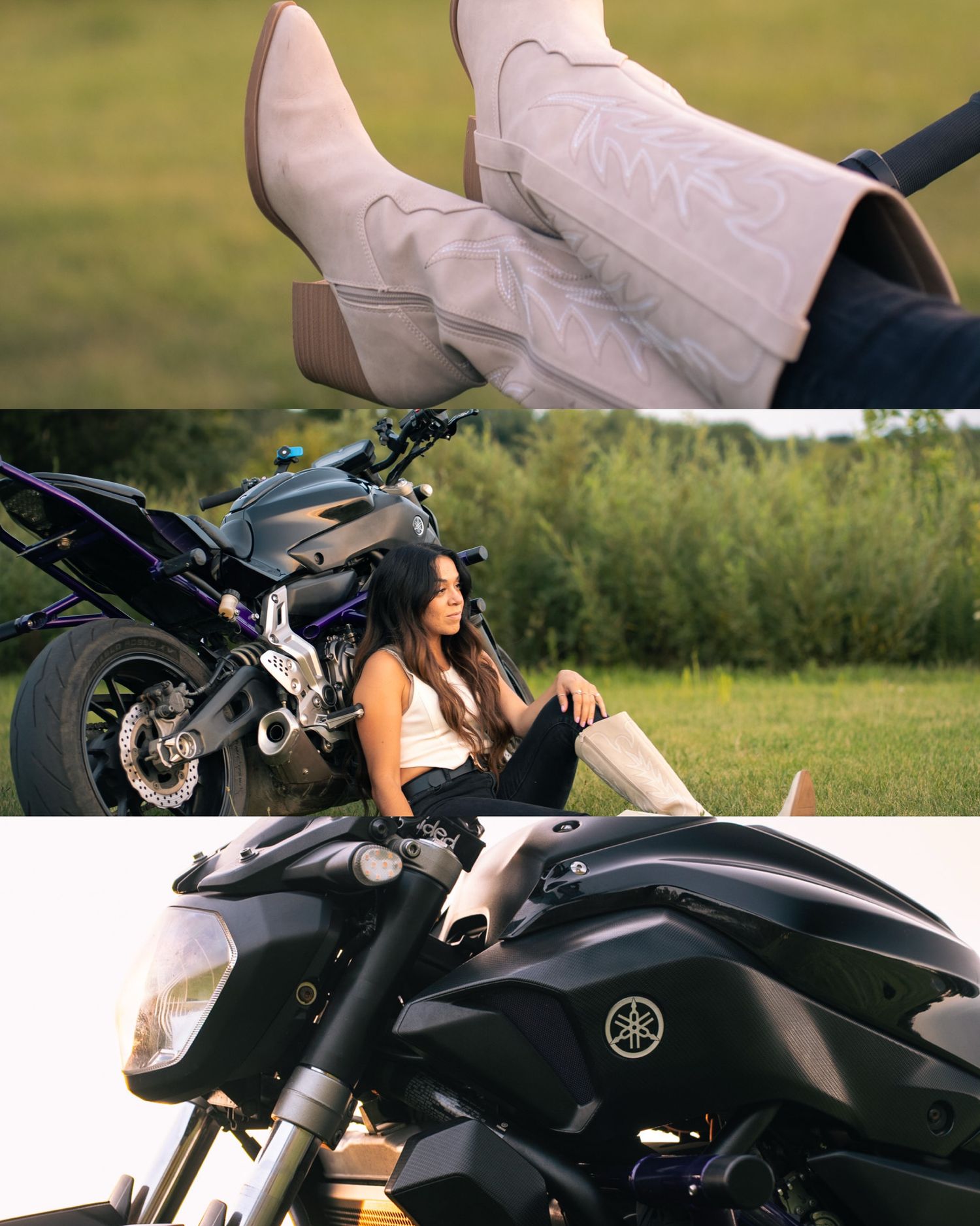 Pink cowboy boots and motorcycle lifestyle photoshoot in a grassy field.