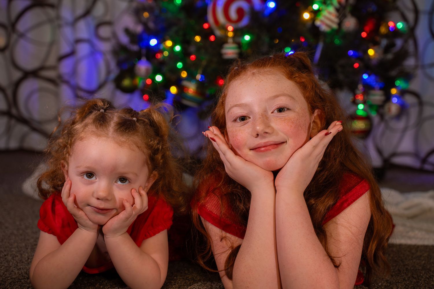A series of candid holiday portraits showing joyful expressions against a background of twinkling Christmas lights.