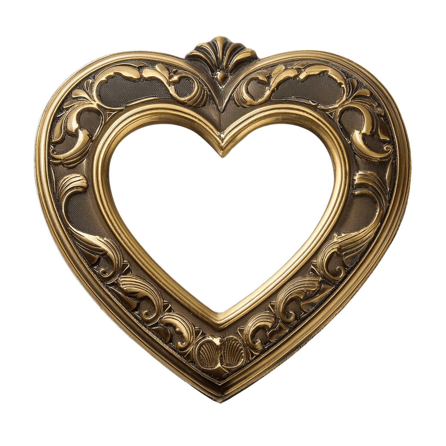 Ornate vintage gold heart-shaped picture frame with decorative scrollwork and filigree details on dark background.