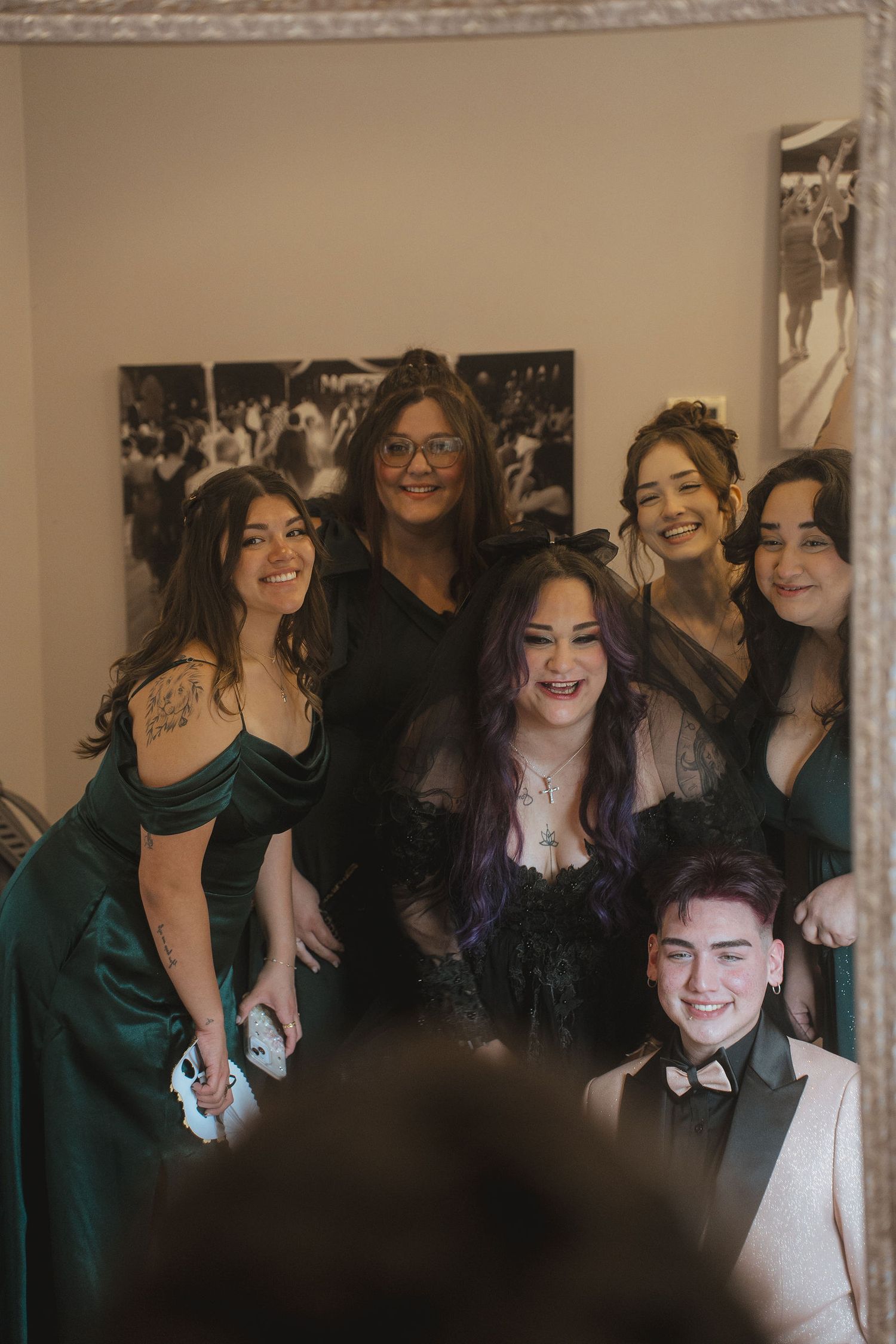 A sequence of candid group photos showing people laughing and posing together at a social gathering.