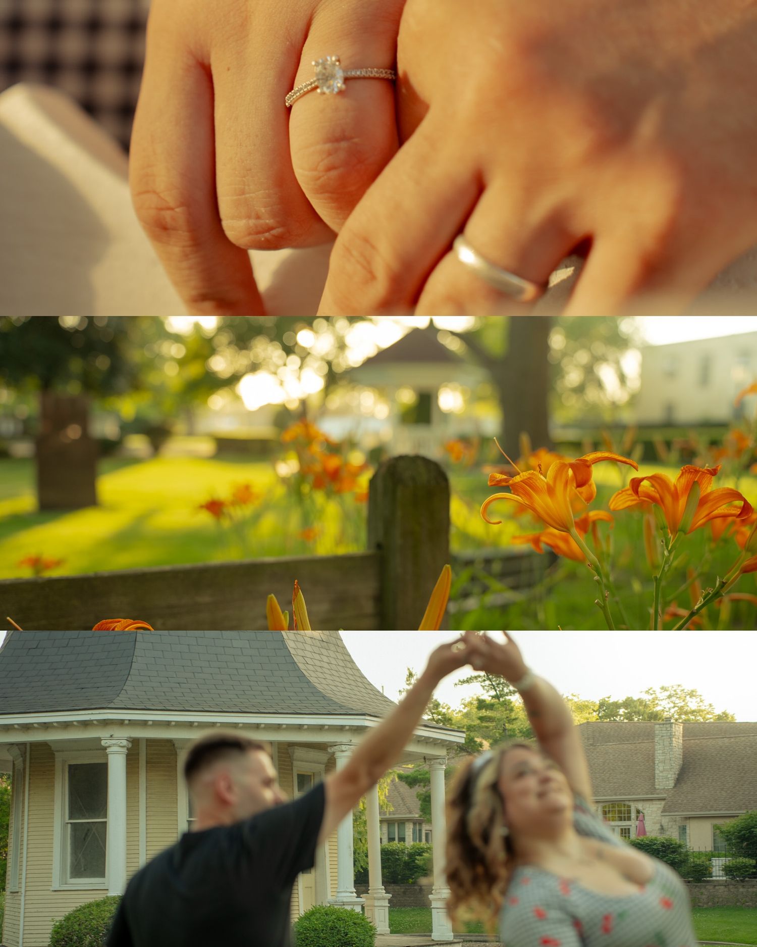 Engagement ring detail with couple dancing in sunlit garden background.