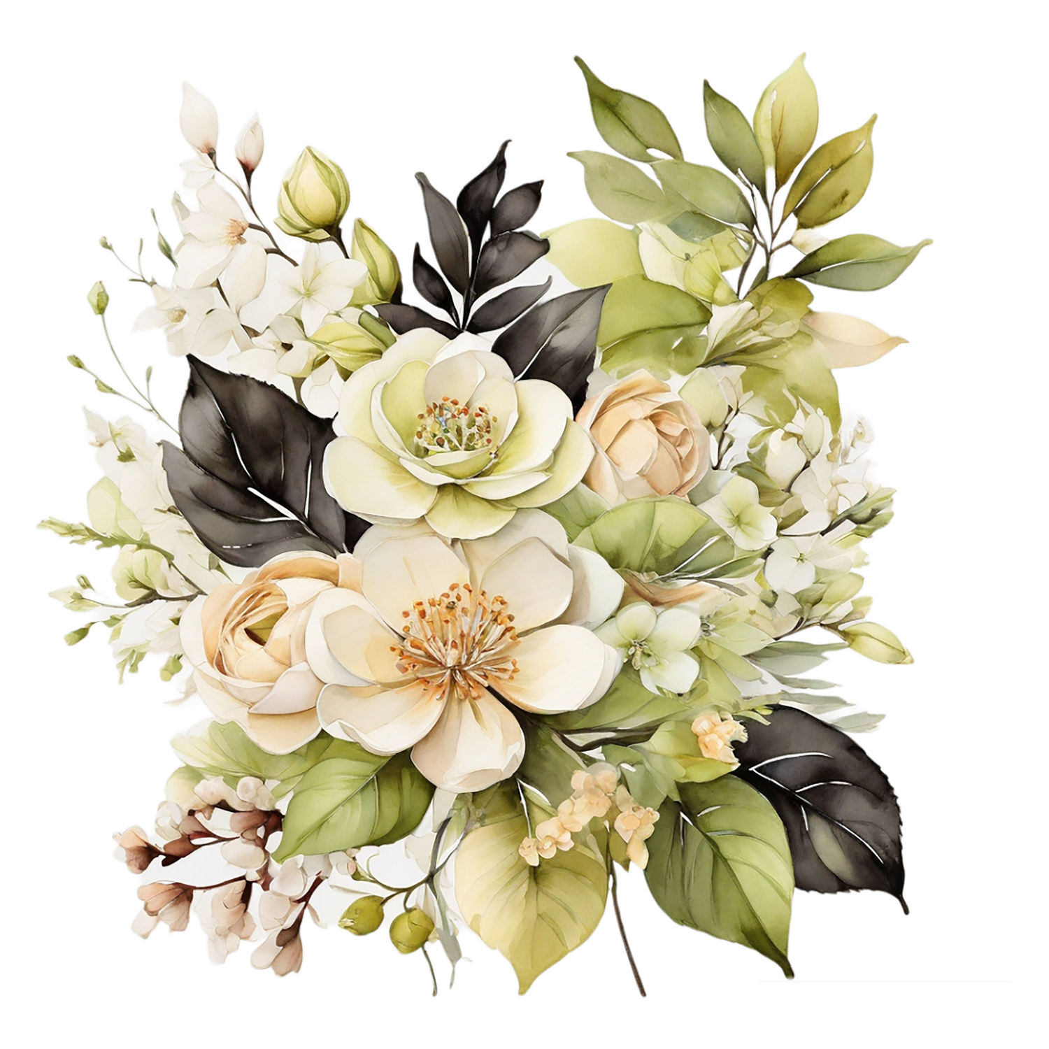 Elegant watercolor border design with cream flowers and green foliage.