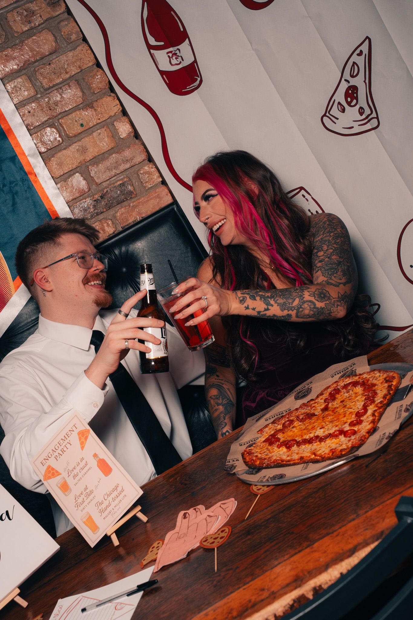 A sequence of photos showing people eating and enjoying pizza at a restaurant with brick walls and decorative elements.