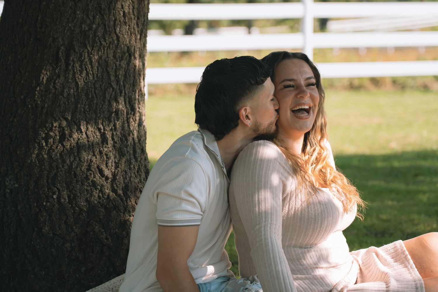 A romantic couple shares tender moments outdoors in a series of candid shots.
