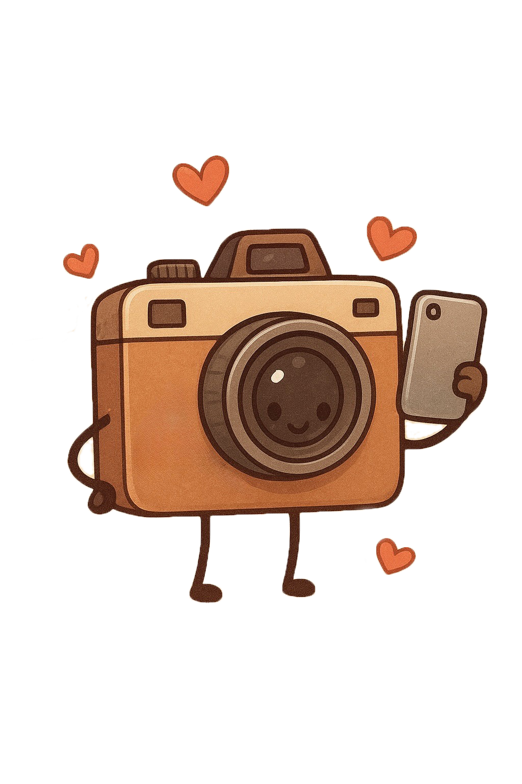 Cute cartoon illustration of vintage cameras in brown tones with floating heart shapes.