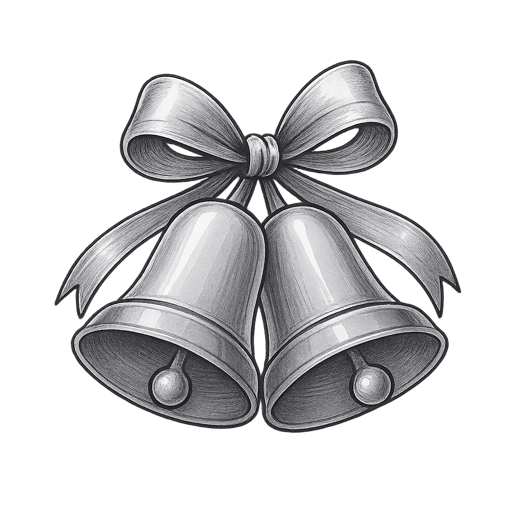 Two silver Christmas bells tied together with a decorative bow in a classic grayscale illustration style.