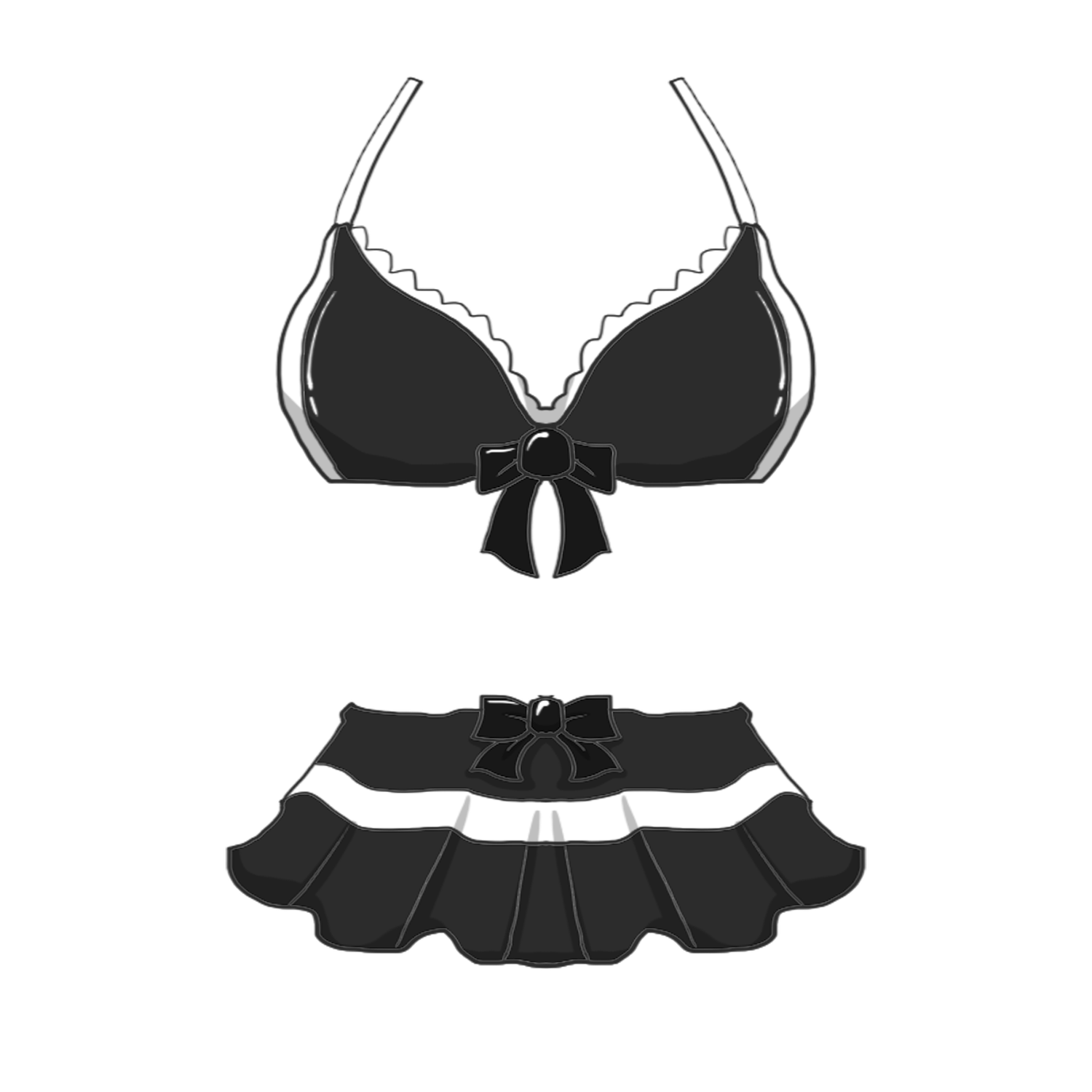 Black and white illustration of a lingerie set with bra and ruffled skirt, both adorned with decorative bows.