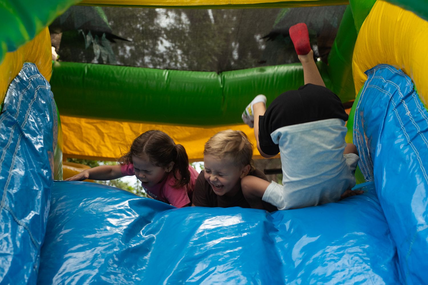 Children playing on a blue and yellow inflatable bounce house in a backyard.