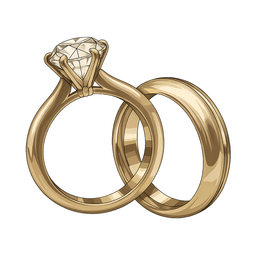 A pair of gold wedding rings with one featuring a diamond solitaire engagement ring setting against a white background.