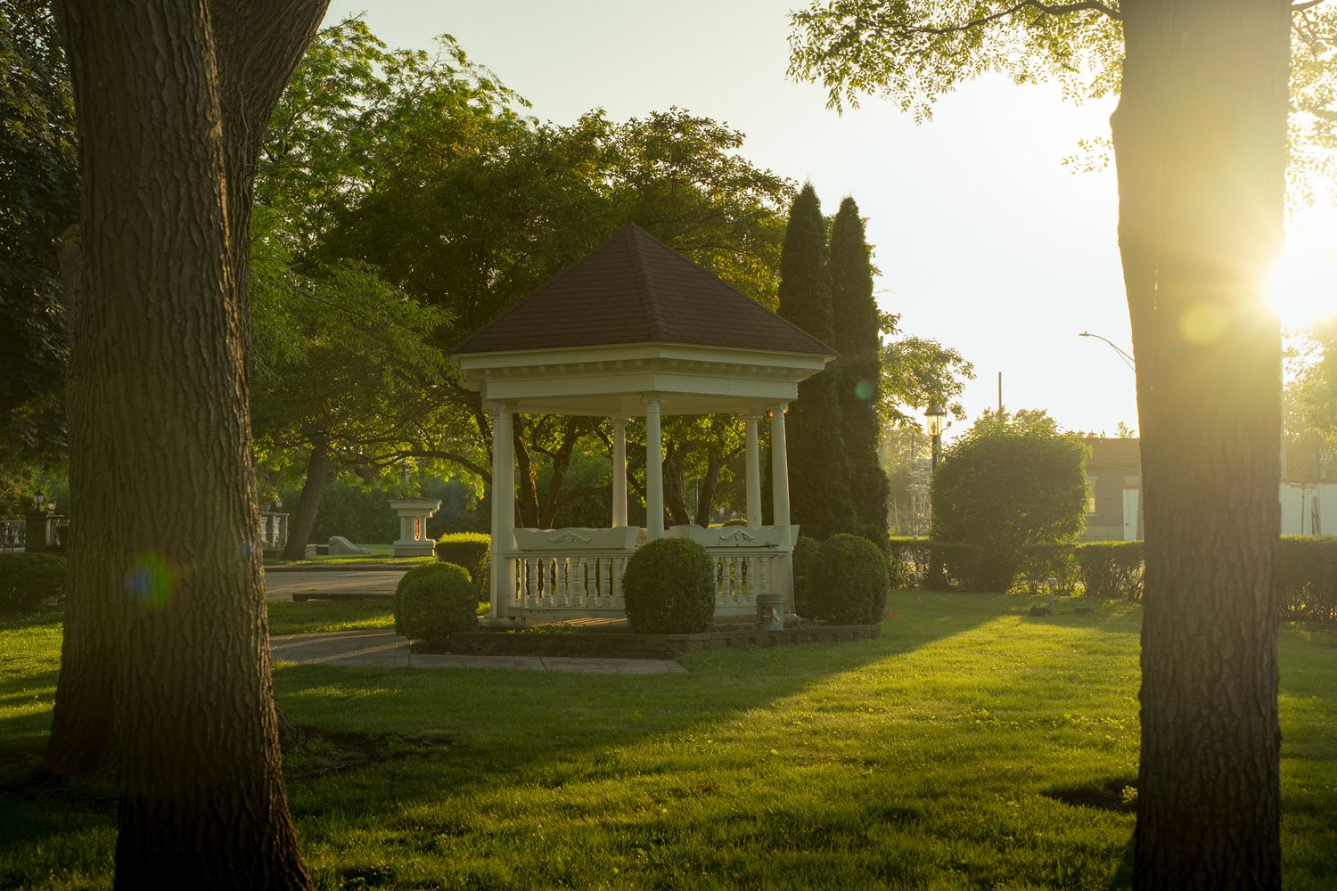Scenic park landscape at sunset with trees and a gazebo in the distance.
