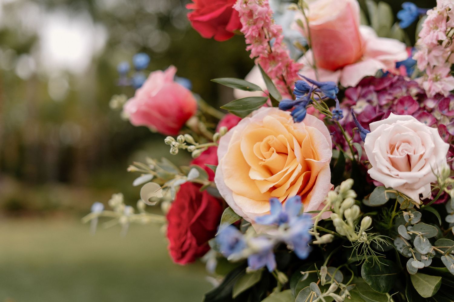 Bright colorful floral arrangements on wedding day