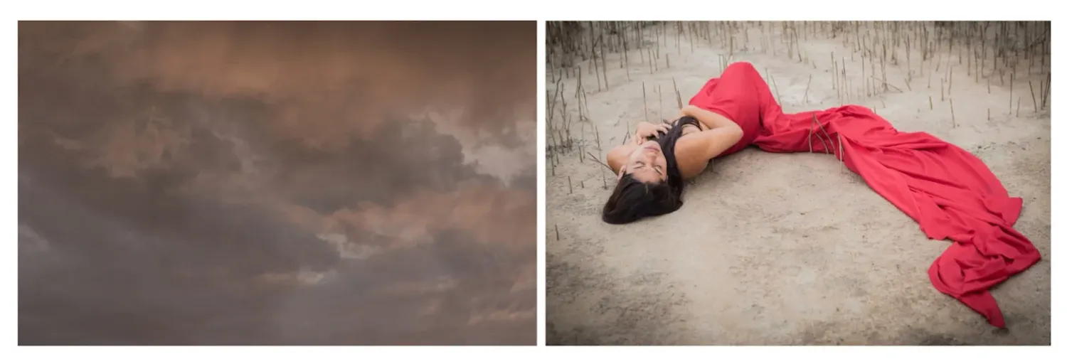 Diptych of stormy sky and figure in red fabric against textured wall.