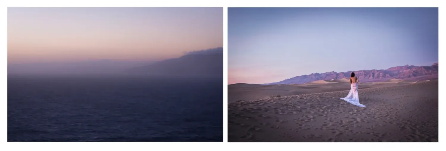 Desert landscapes at sunset with soft purple and blue hues.