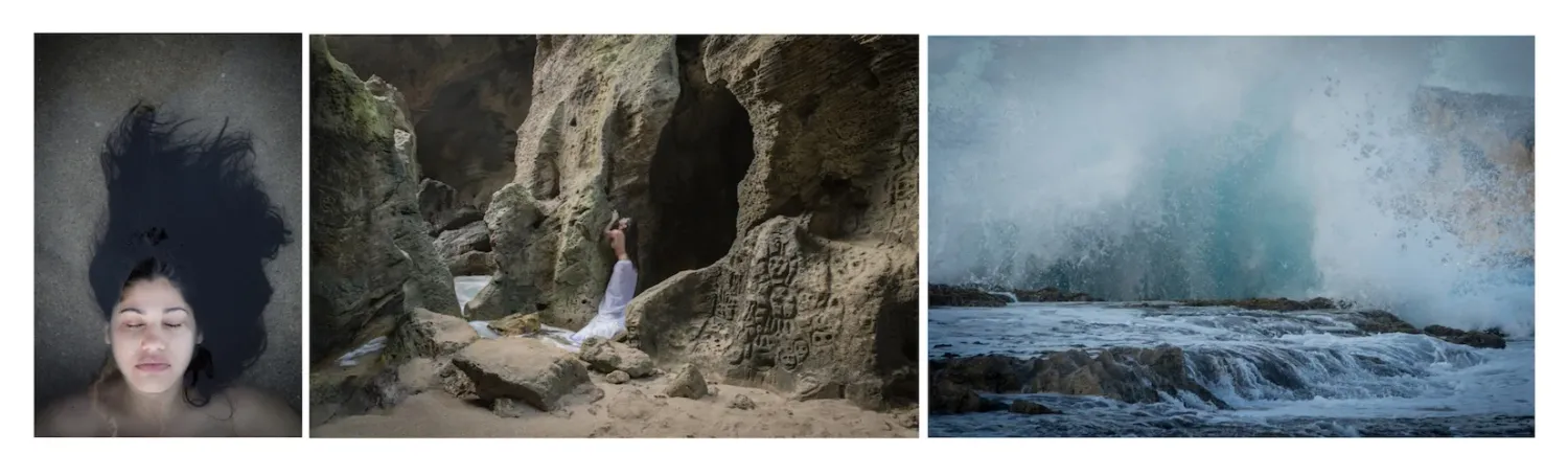 Collection of misty coastal scenes with rocky cliffs and ocean waves.