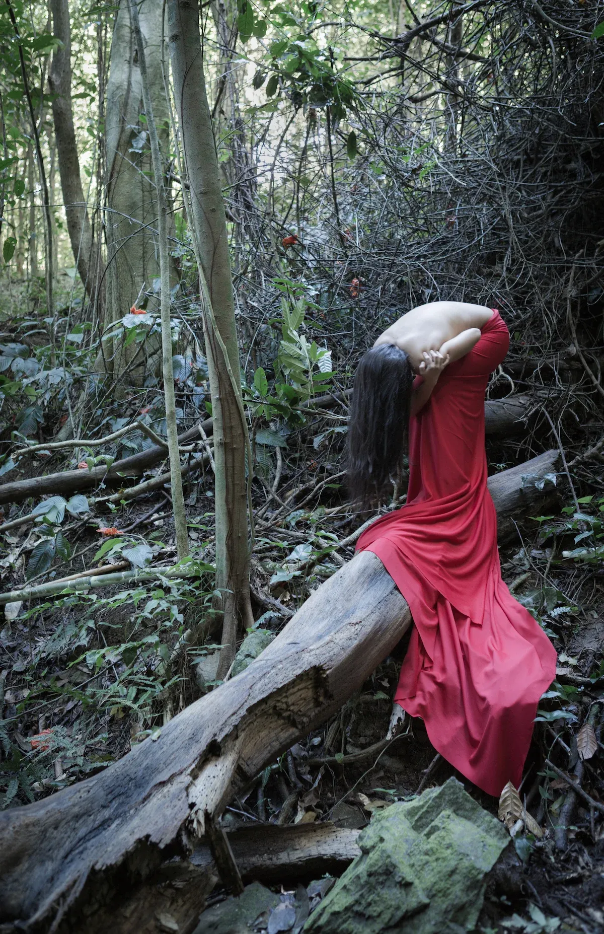 Figure in flowing red dress posed dramatically on fallen tree in forest setting.