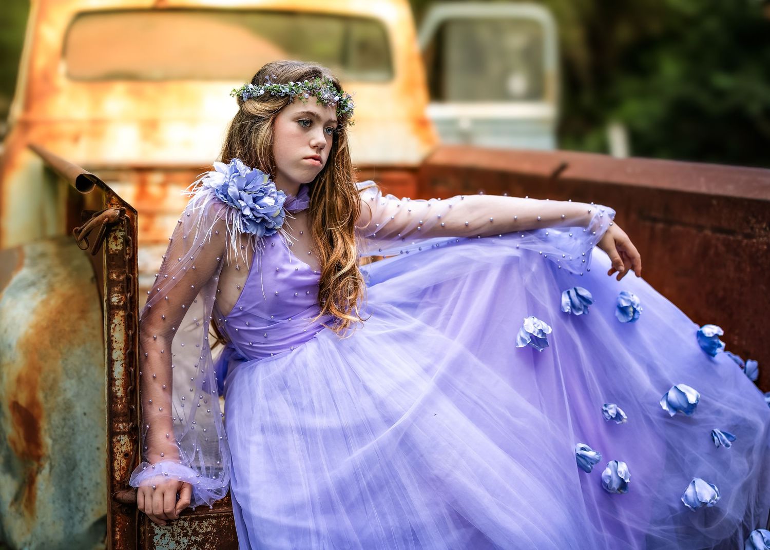 Teen in a lavender gown beside a vintage truck during a fine art portrait session in Scottsdale, Arizona.
