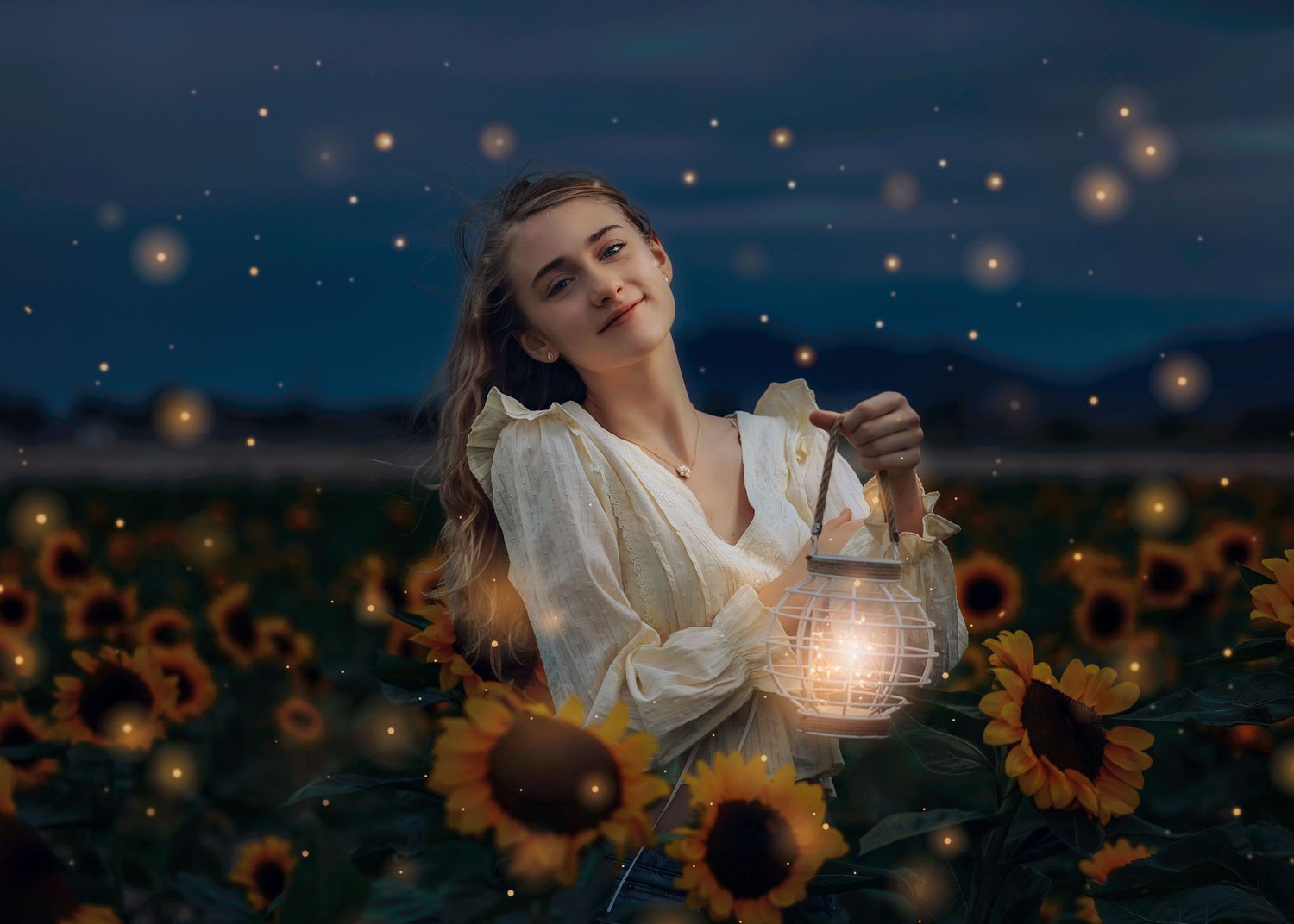 Young woman in white dress holding glowing lantern among sunflowers at dusk with fireflies.