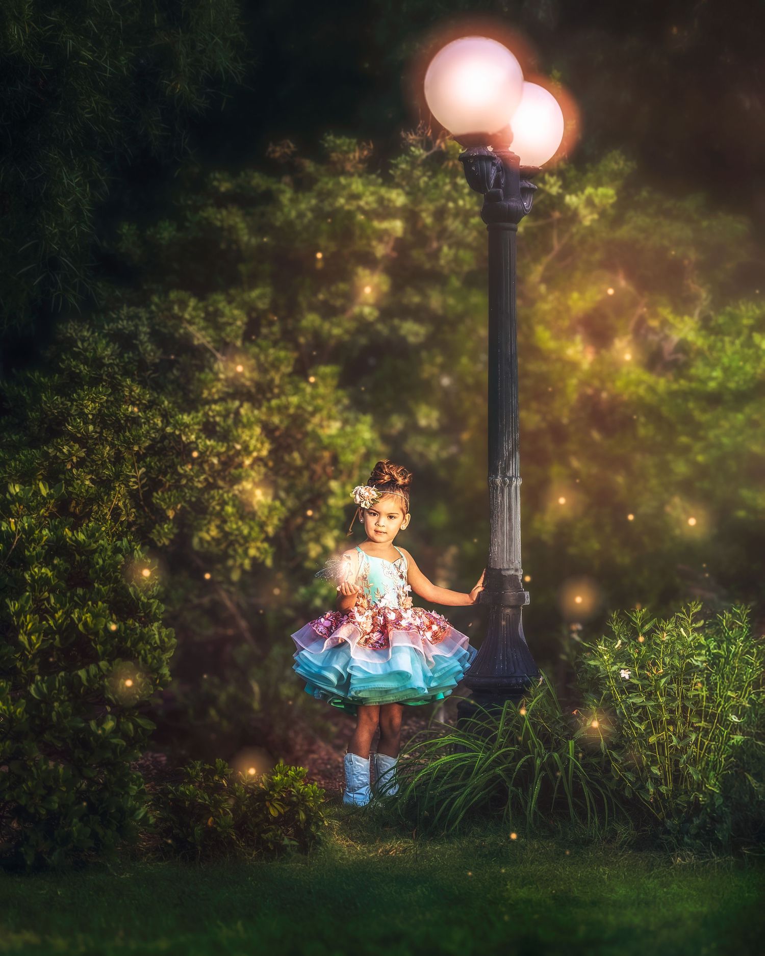 A little girl in a tiered rainbow dress stands by a glowing lamp post surrounded by magical bokeh lights.