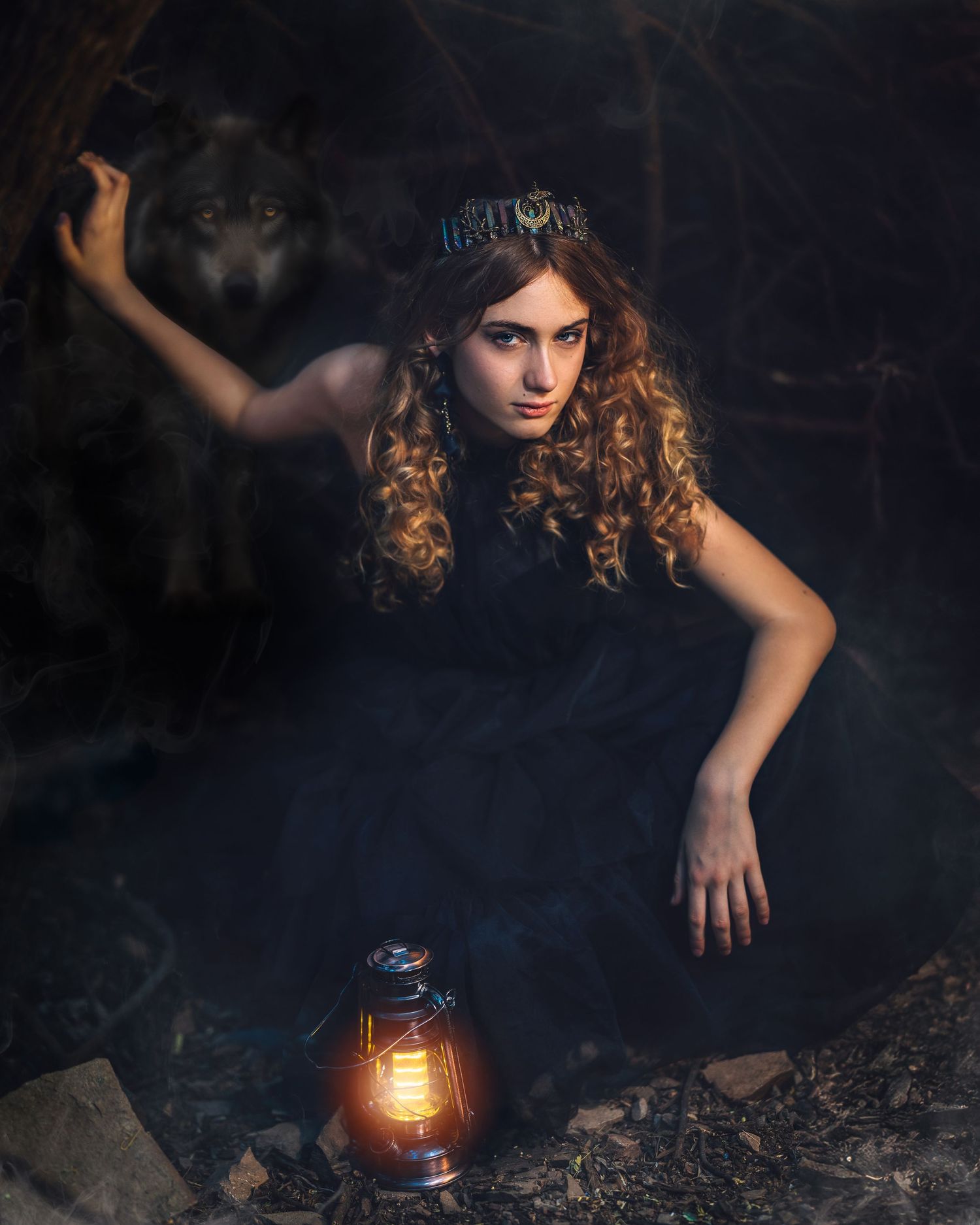 A woman in a black gown with a crown crouches near a glowing lantern in a dark forest with a wolf behind her.