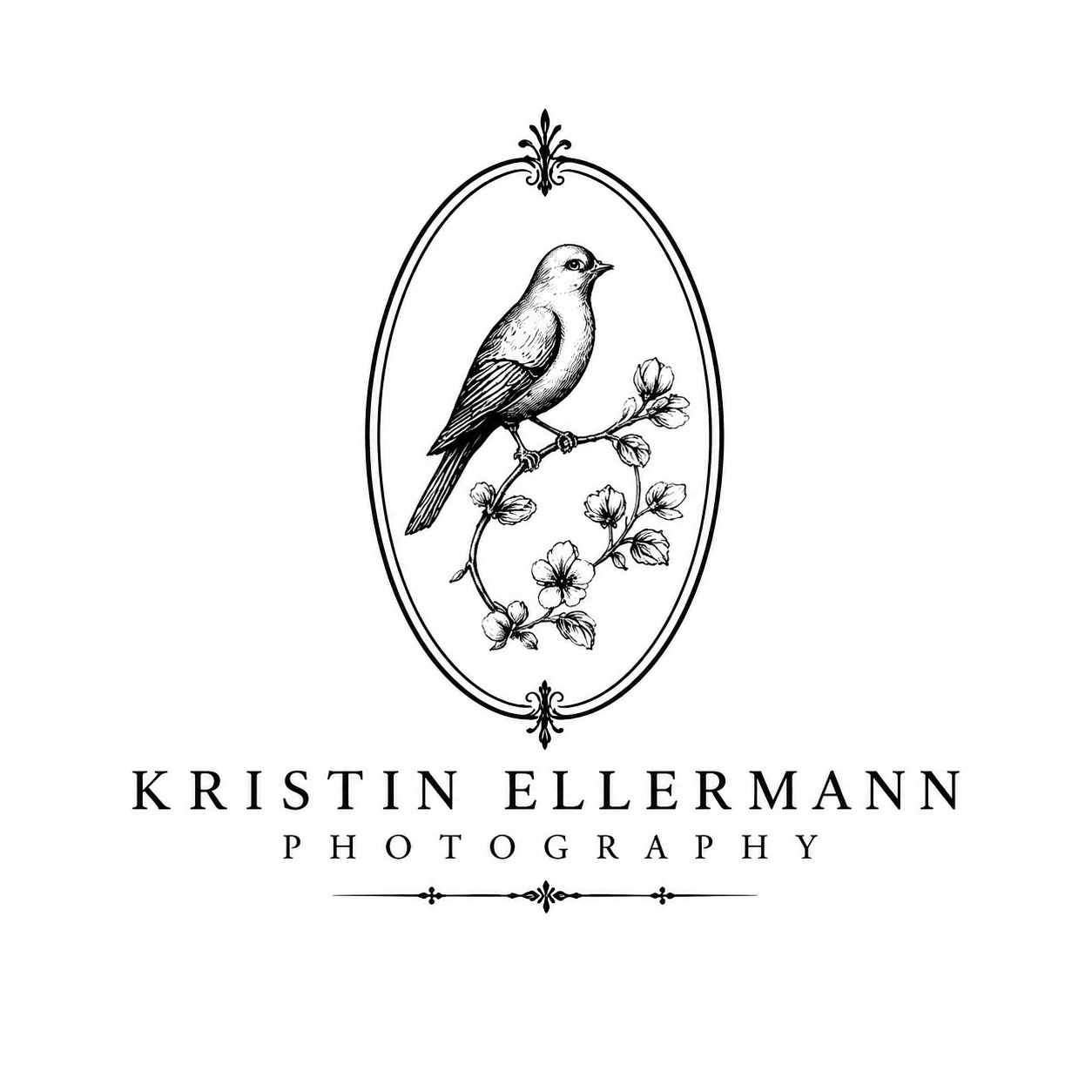 Kristin Ellermann Photography logo featuring a vintage engraved bird on a floral branch in an oval frame.