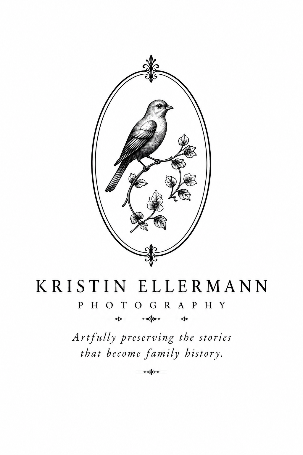 Elegant black and white logo for Kristin Ellermann Photography featuring a bird on a floral branch in an oval frame.