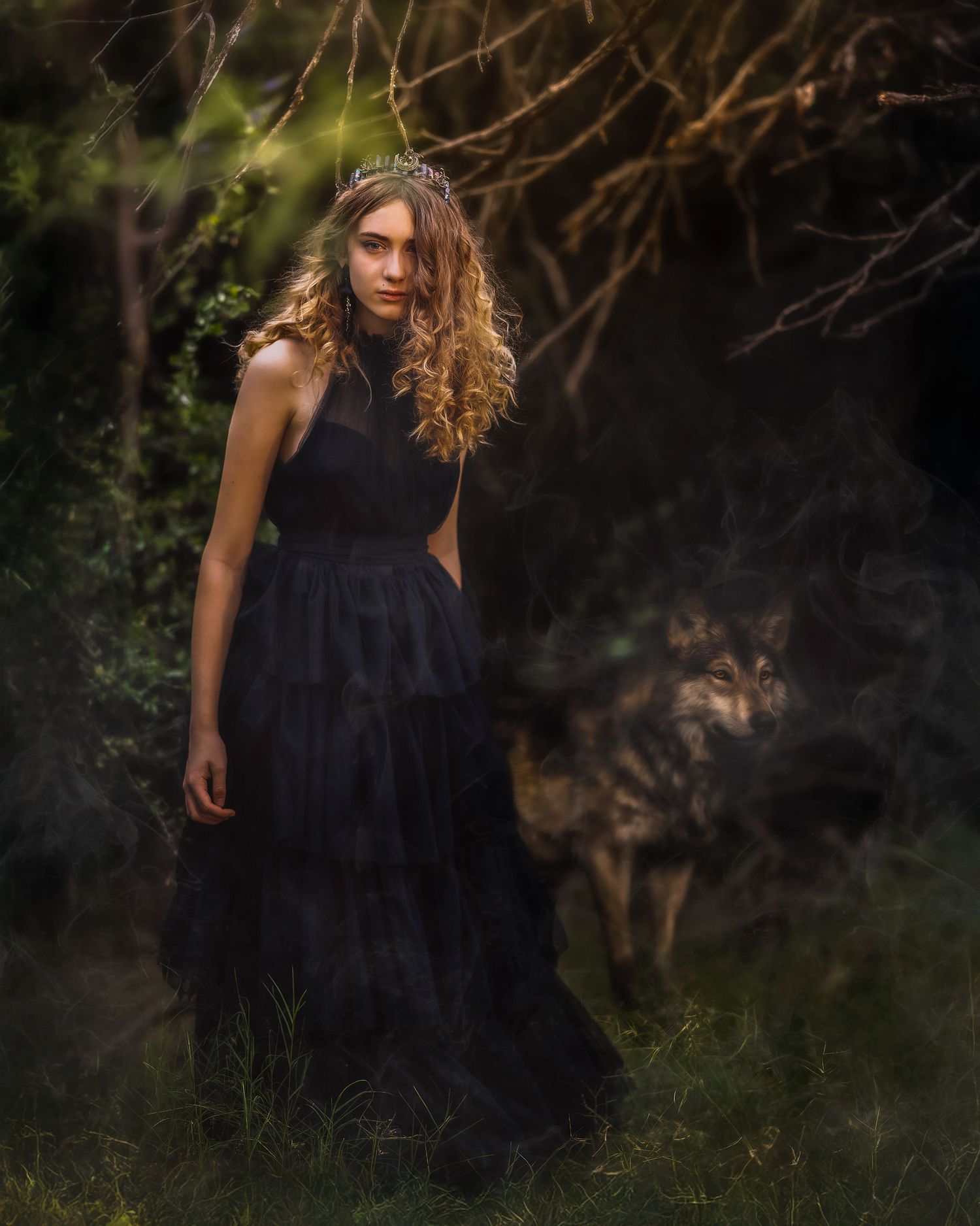 A woman in a black gown and tiara stands in a misty forest with a wolf lurking behind her.