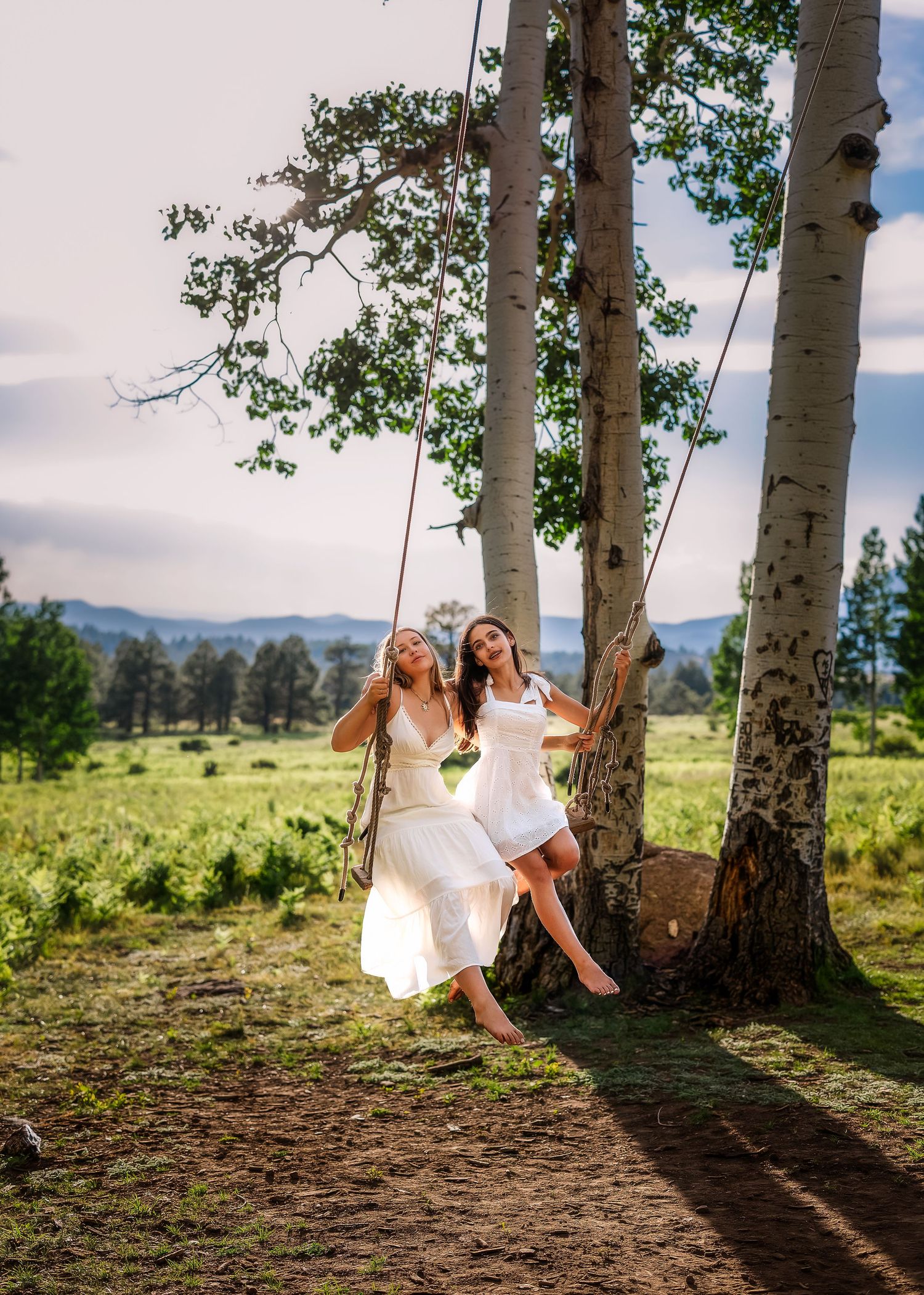 Two women in white dresses sitting together on a rope swing between birch trees in a meadow.
