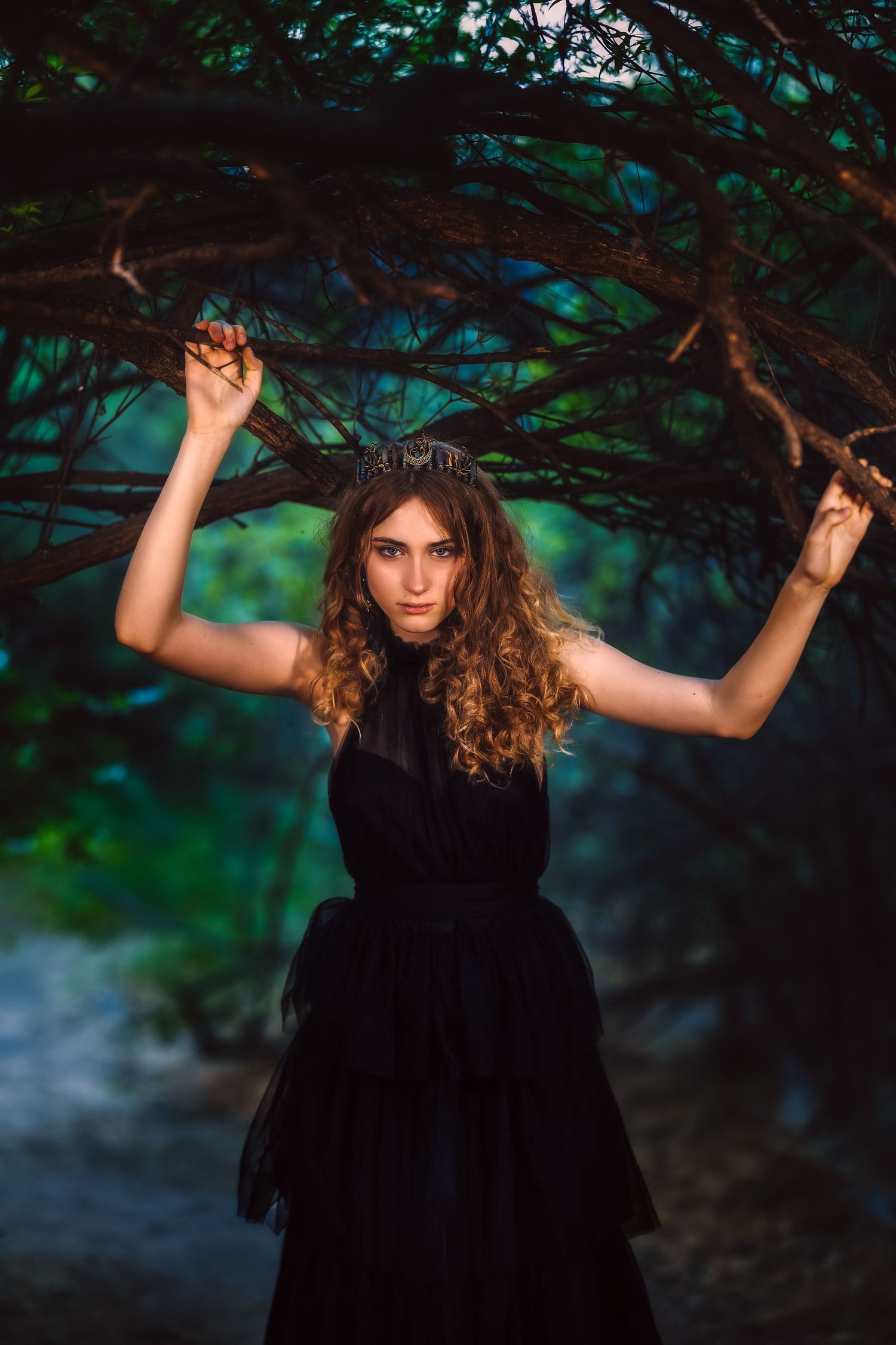Woman in black dress holding dark tree branches in a mystical forest, wearing a dark crown, fantasy witch aesthetic.