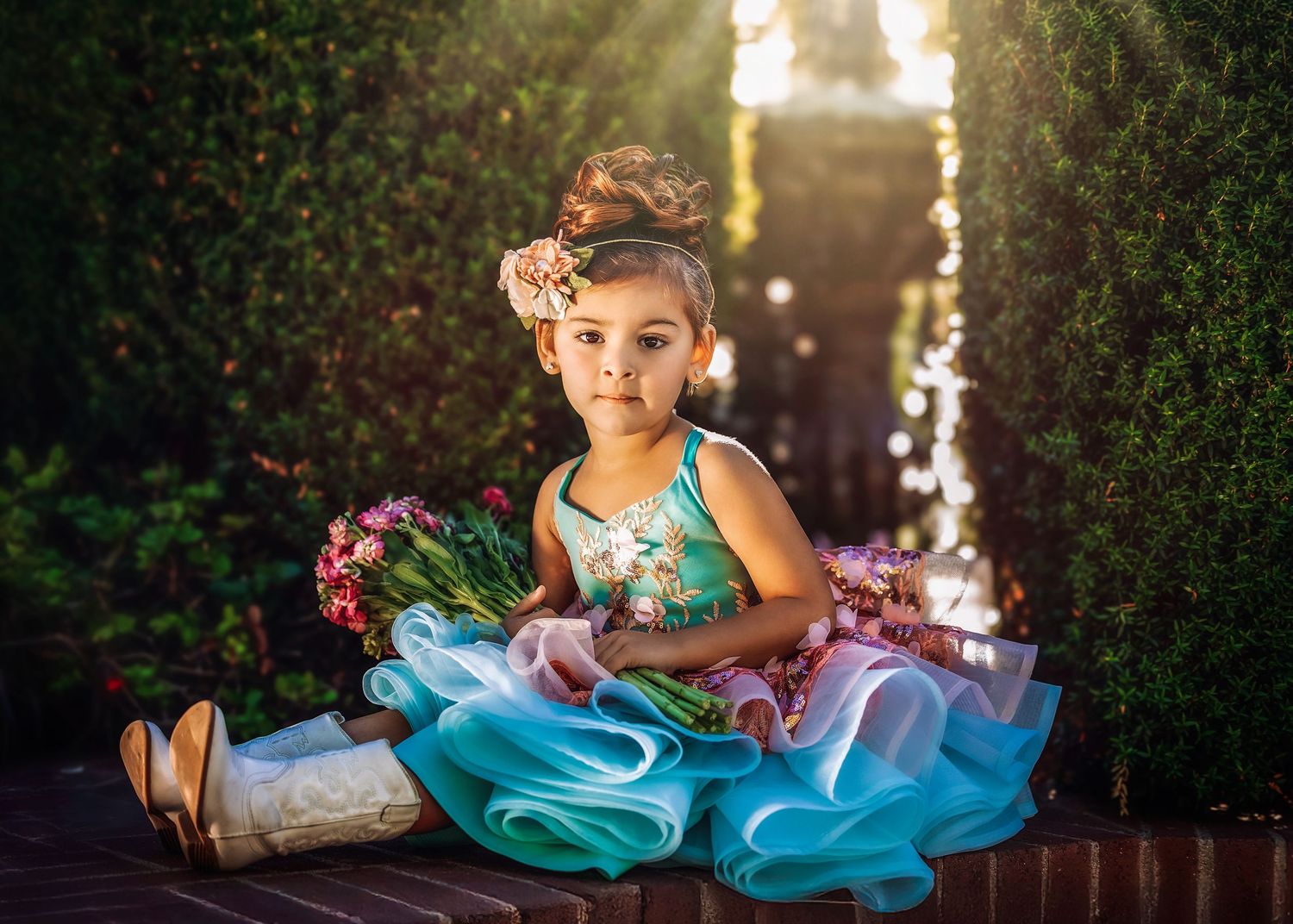 A little girl in a teal ruffled dress holds pink flowers while sitting outdoors in a sunlit garden setting.