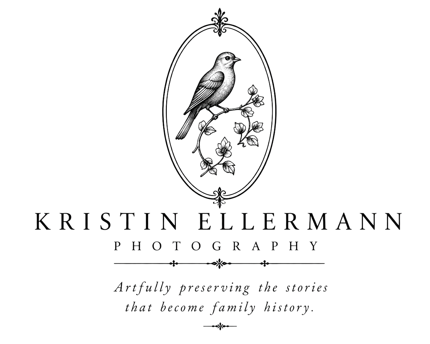 Kristin Ellermann Photography logo featuring a bird on a branch in an oval frame with elegant script tagline.