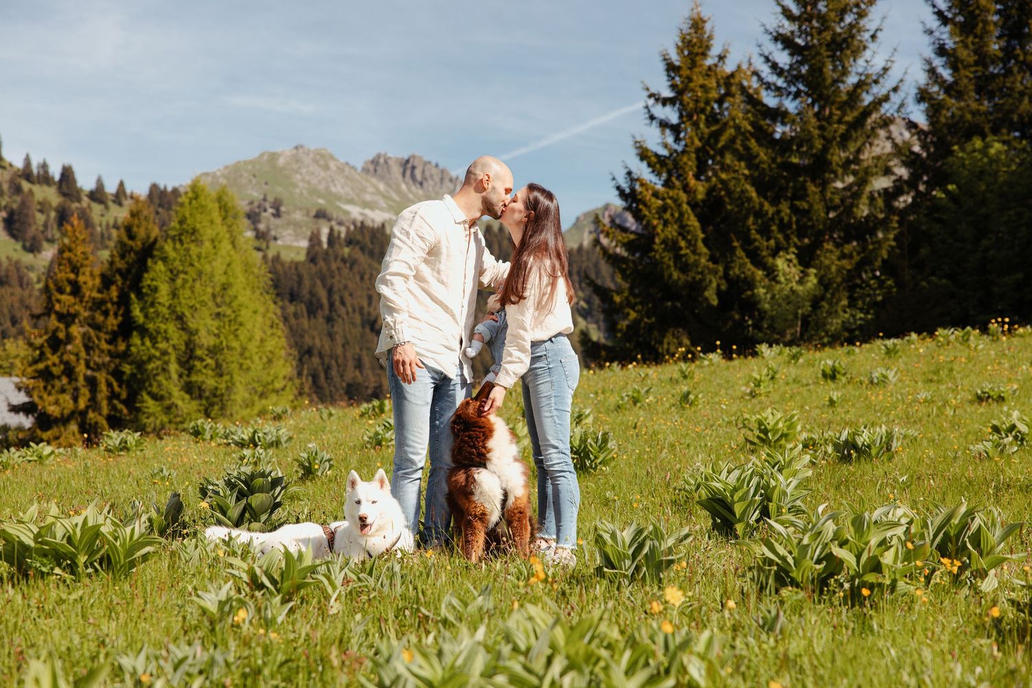 A couple stands with their dog in a scenic mountain meadow surrounded by evergreen trees and alpine peaks.