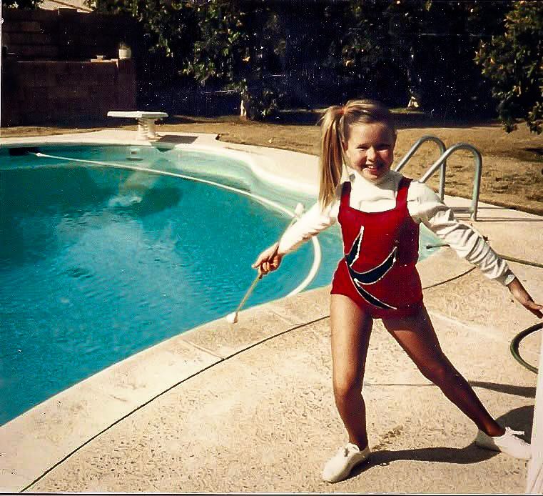 Retro-toned photos showing someone practicing  moves by a swimming pool.