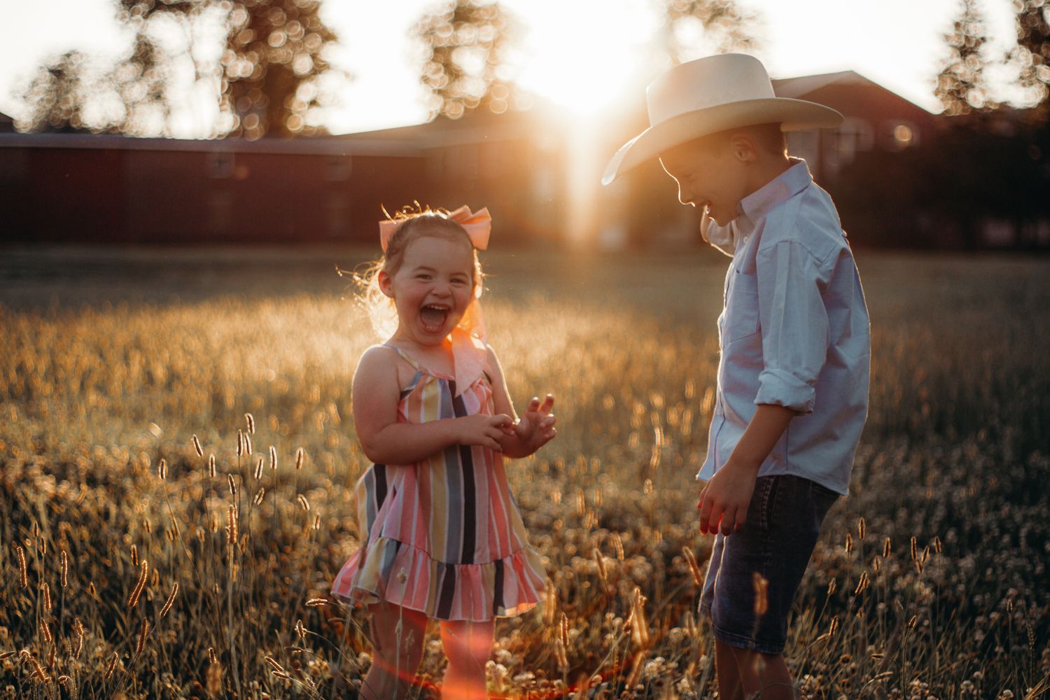 A couple walks through a beautiful golden field at sunset as sunlight filters through the trees and tall grass.