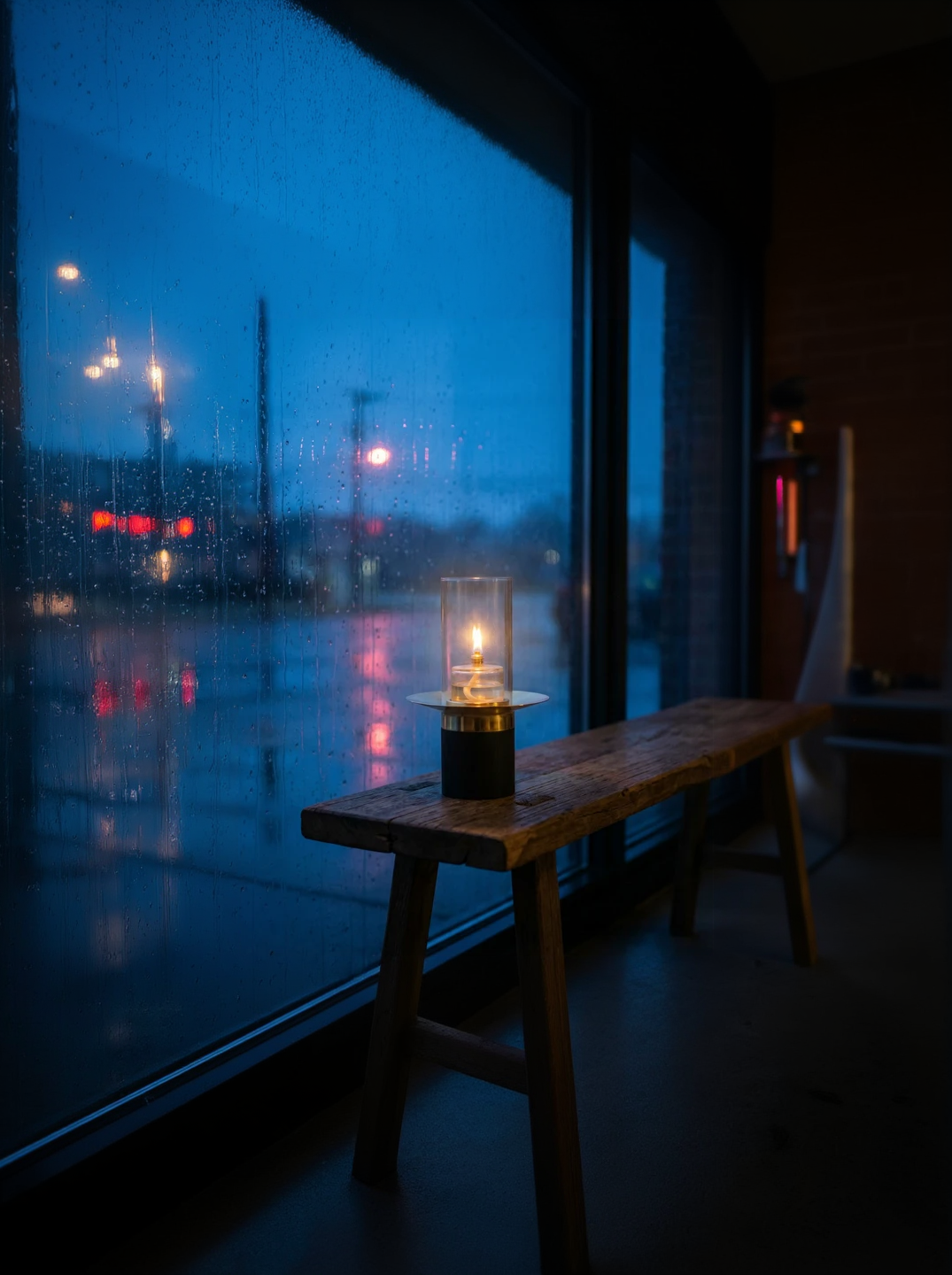 A lantern glows on a wooden bench by a rainy window at dusk, with blurred city lights reflecting in the distance.