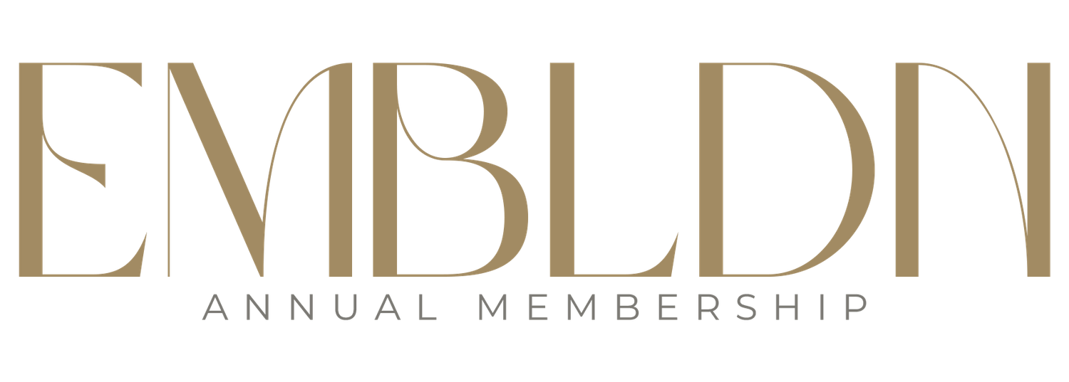 EMBLDN annual membership text displayed in an elegant gold serif font against a white background.