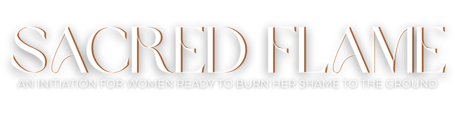 Elegant rose gold metallic text reading 'Sacred Flame' with a subtle shadow effect on white background.