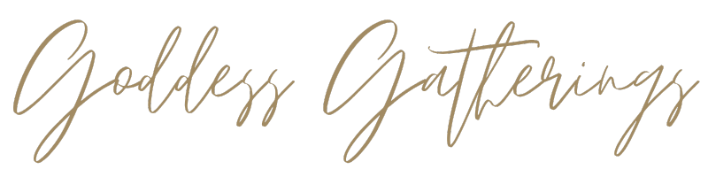 Gold glittery handwritten text reading 'Goddess Gathering' against a dark background.