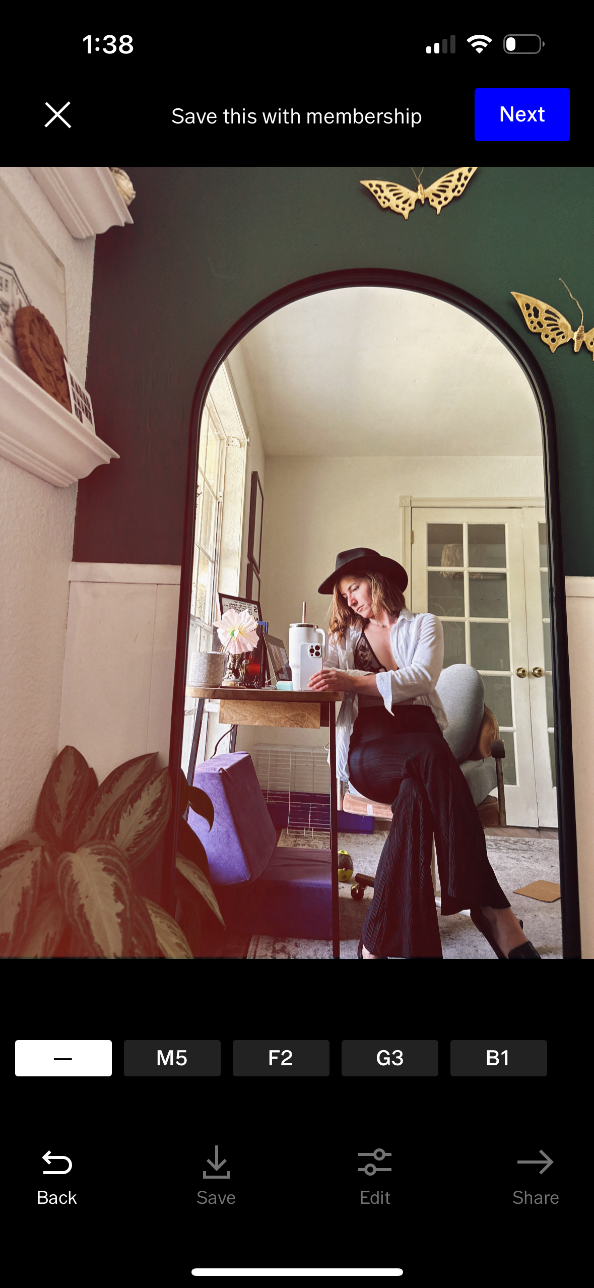 A sequence of editing filter effects shown on an interior room photo with golden butterfly decorations on the wall.