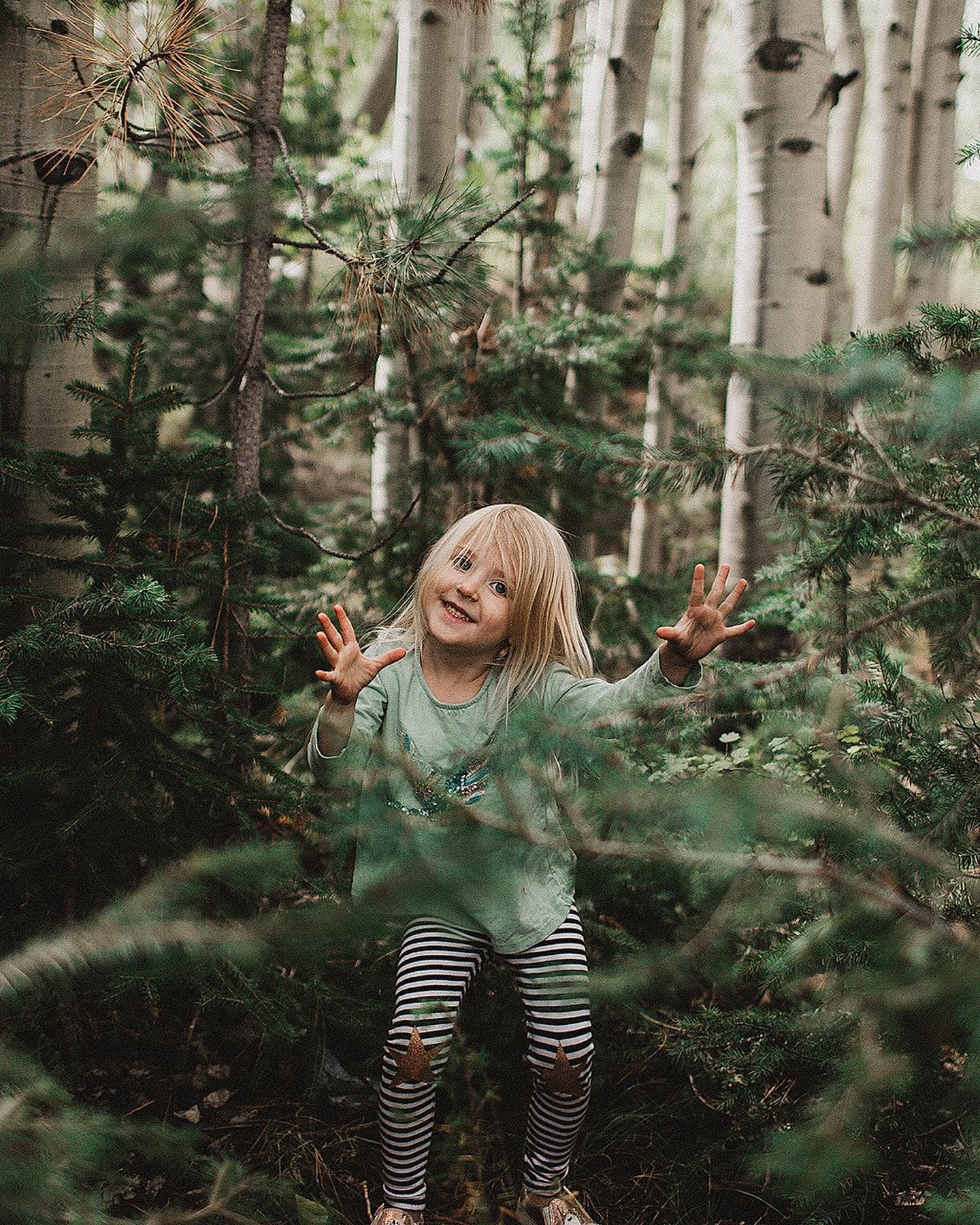 A joyful blonde child plays among green pine trees and white birch trunks in a lush forest setting.