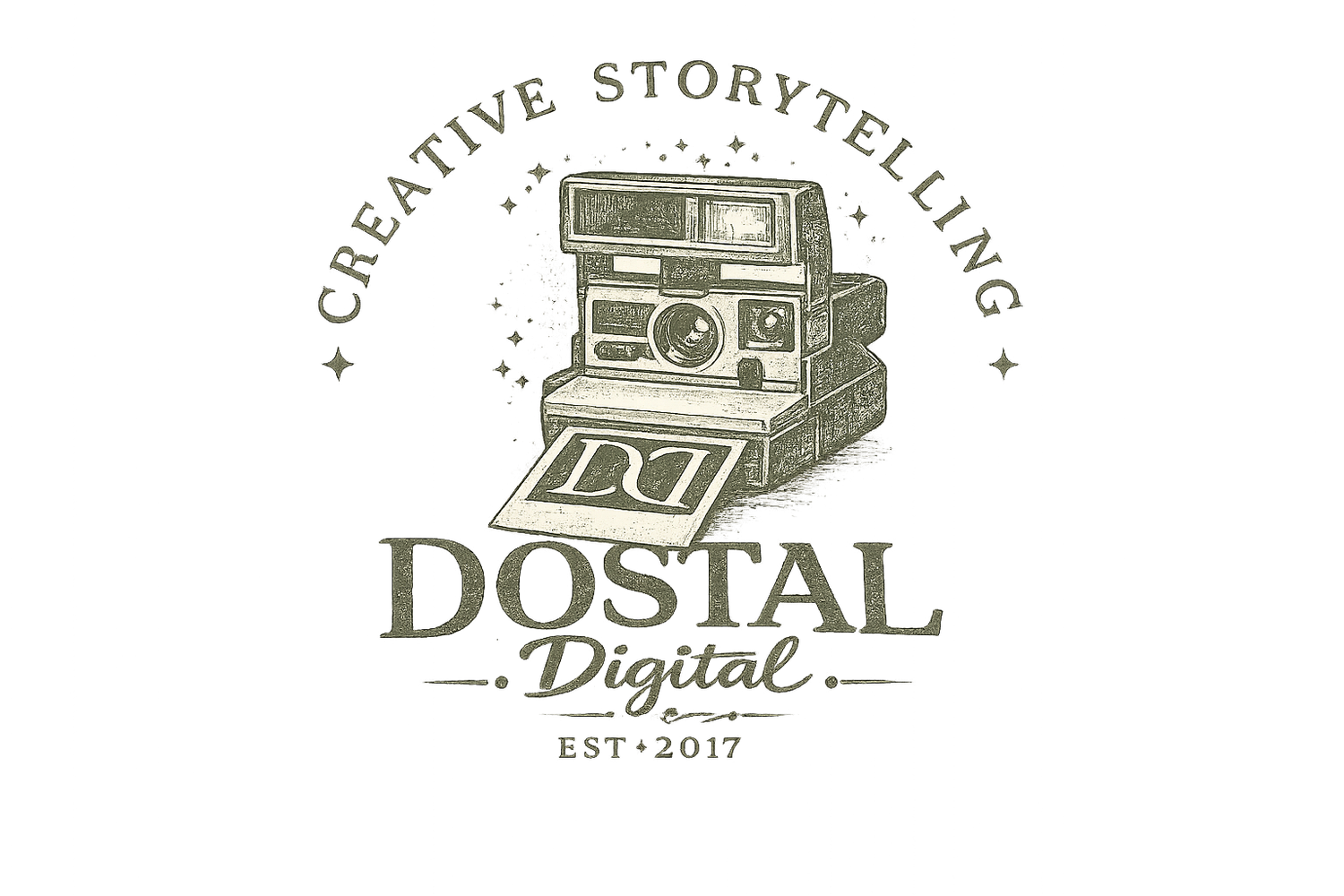 Vintage style logo designs for creative storytelling and digital postal services with retro camera illustrations.