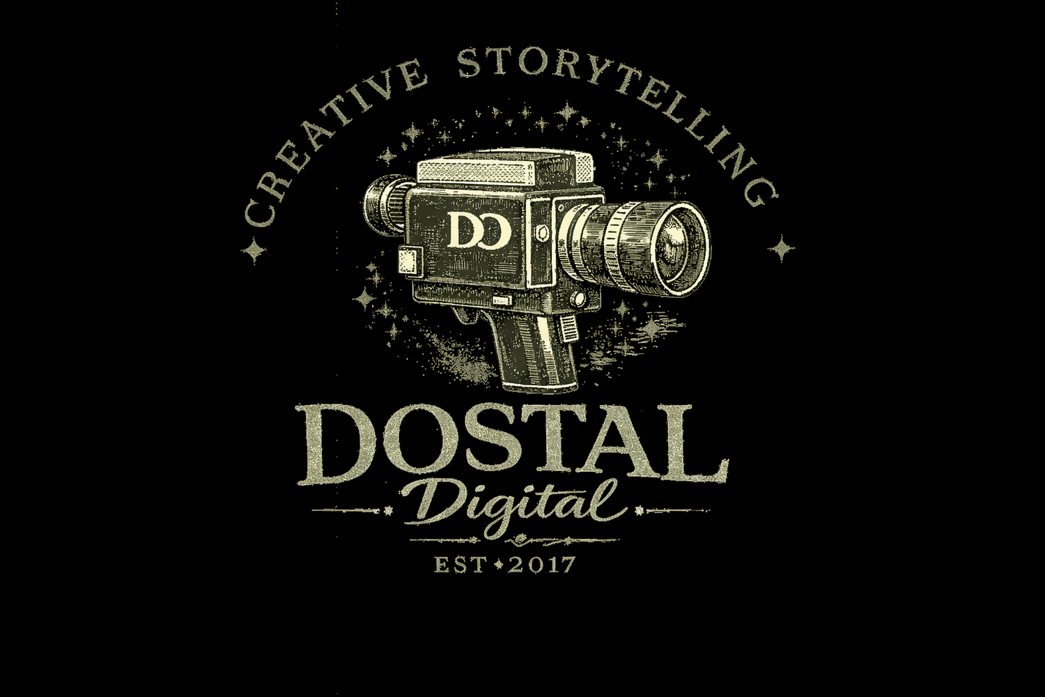 A collection of vintage-style black and gold logos for Dostal Digital photography company displayed in a row.