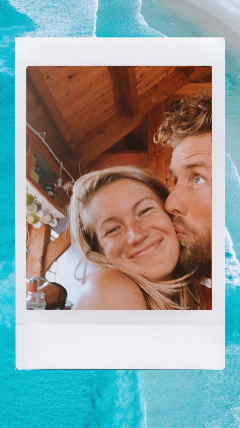 Candid polaroid photo displayed against turquoise ocean background.