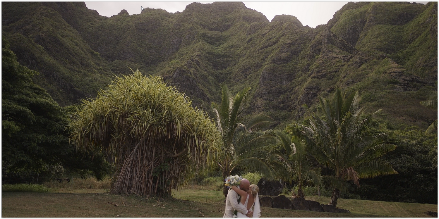 Two people walk beneath tall palm trees and lush mountains in a tropical landscape at Kualoa Ranch, Hawaii.