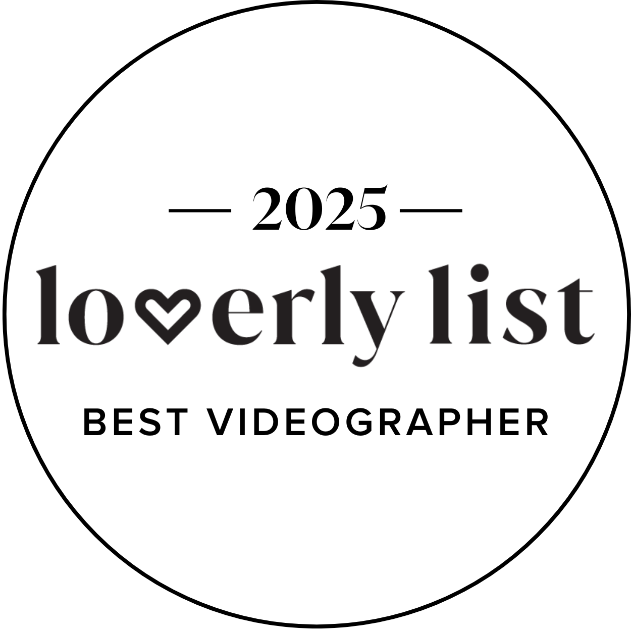 Circular award badges with text reading '2025 Best Videographer' and 'Loveriv List' in a minimalist design.