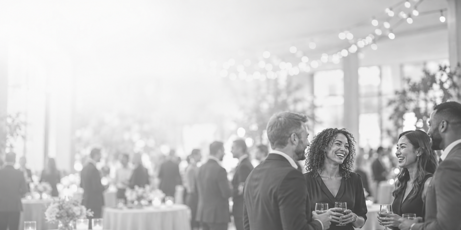 Elegantly dressed guests mingling and smiling at an upscale indoor reception with soft bokeh lighting.